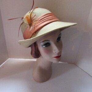Handsome Fedora Style Hat Sage Green Salmon Tone Band & Feathers
